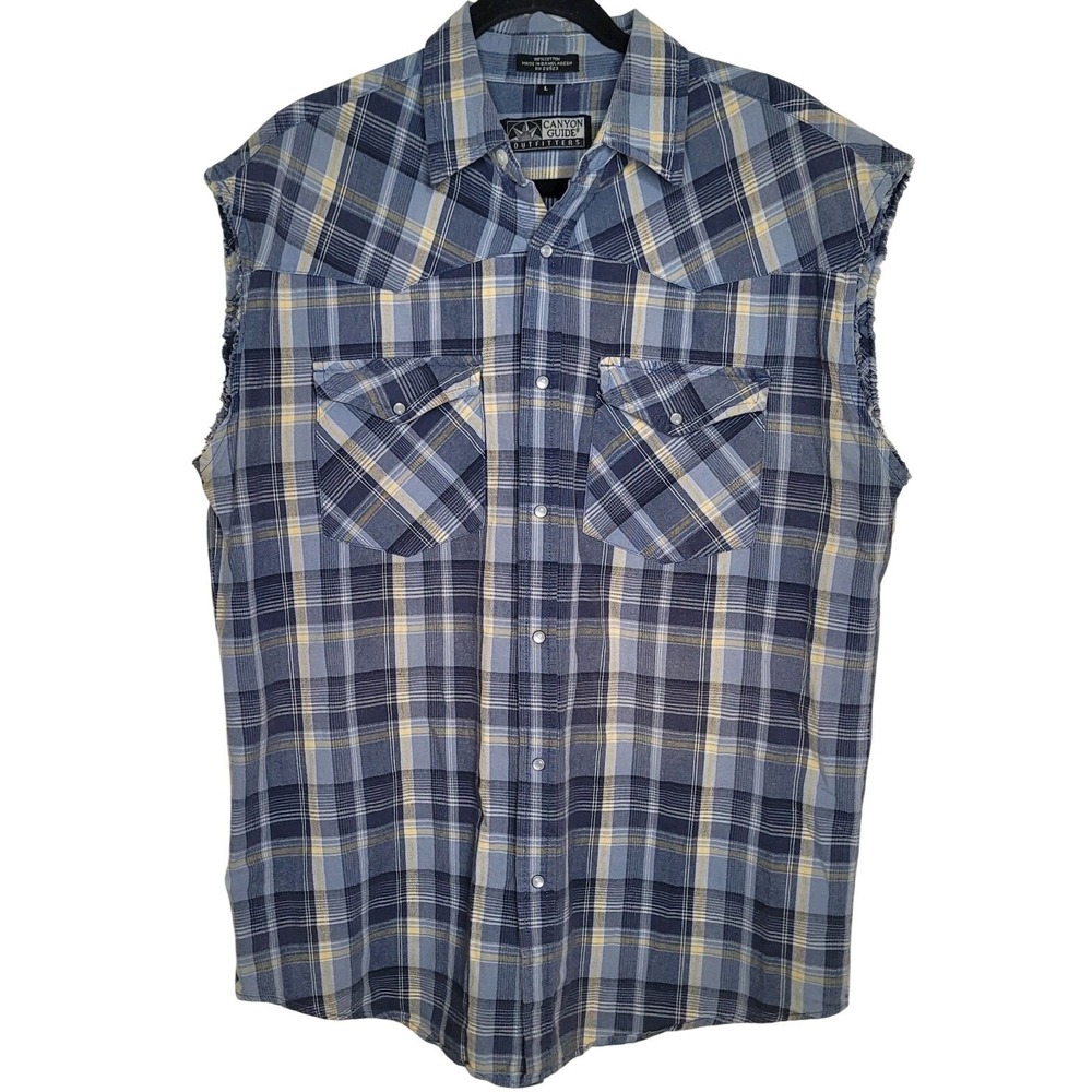 Canyon Guide Outfitters Men's Blue Plaid Sleeveless Shirt Sz Large Pearl Buttons